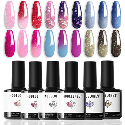 Color Changing Gel Nail Polish, 6 Colors Orange Blue Purple Pink Neon Mood Temperature Change Gel Polish Set Soak off DIY Home Nail Art Gift