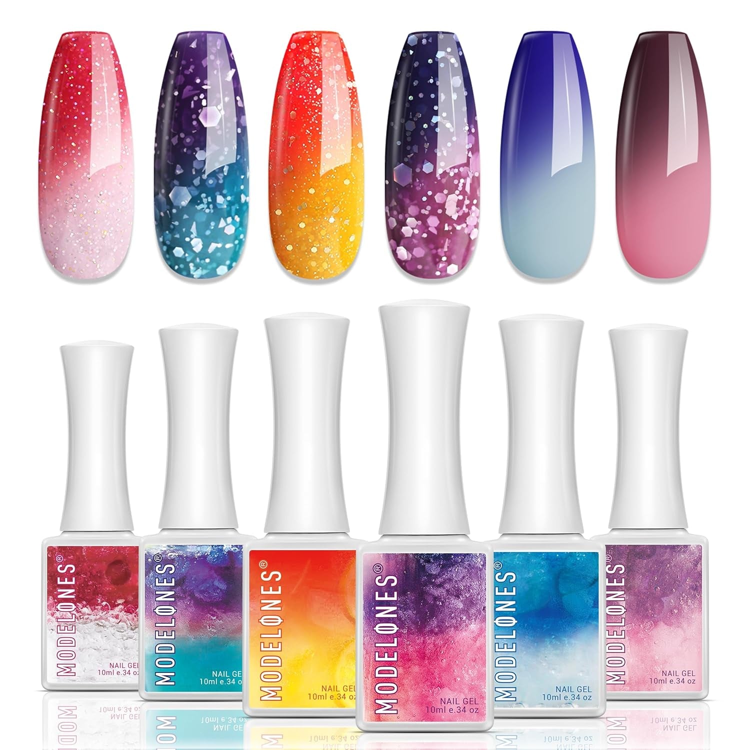 Color Changing Gel Nail Polish, 6 Colors Orange Blue Purple Pink Neon Mood Temperature Change Gel Polish Set Soak off DIY Home Nail Art Gift
